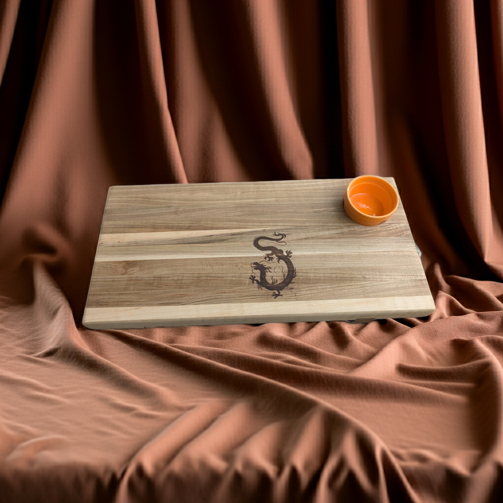 Handmade Maple Sushi Serving Board with Laser Engraved Dragon Design & Ceramic Bowl