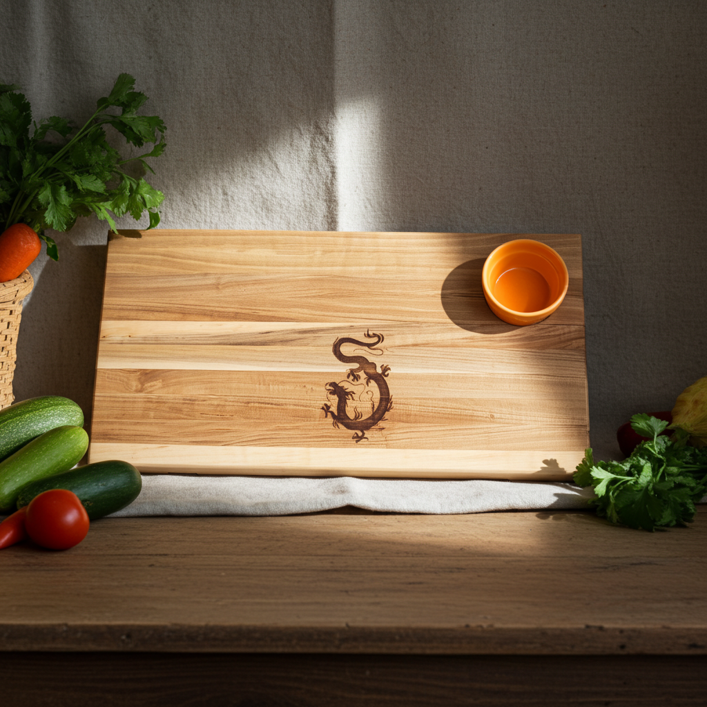Handmade Maple Sushi Serving Board with Laser Engraved Dragon Design & Ceramic Bowl