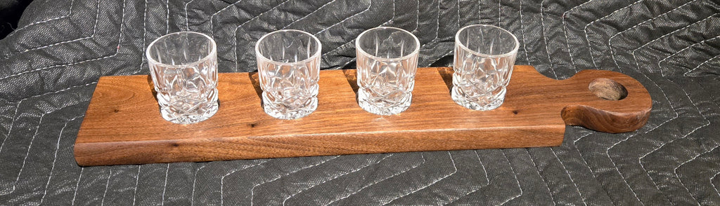 Handmade Walnut Whisky & Bourbon Flight Board with 4 Cut Glass Tasting Glasses