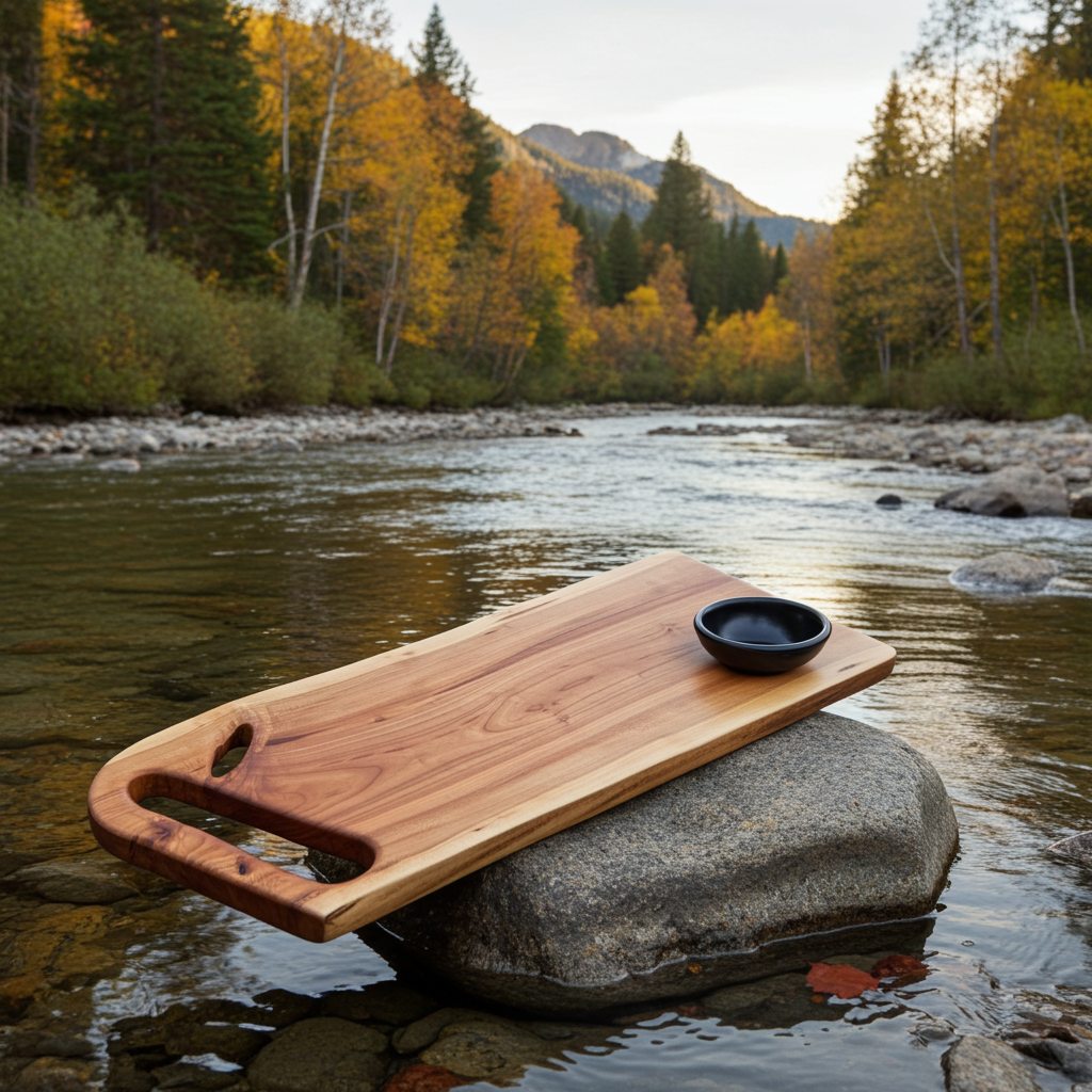 Handmade Cherry Wood Serving & Bread Board with Black Bowl – 19.5 x 7"