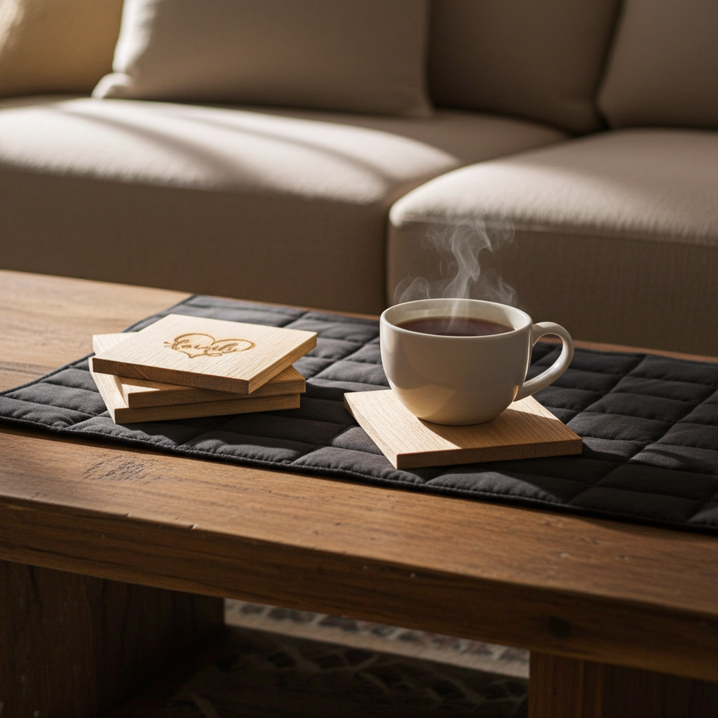 Handmade Family Laser Engraved Solid Oak Coaster Set with Cork Backing – Set of 4