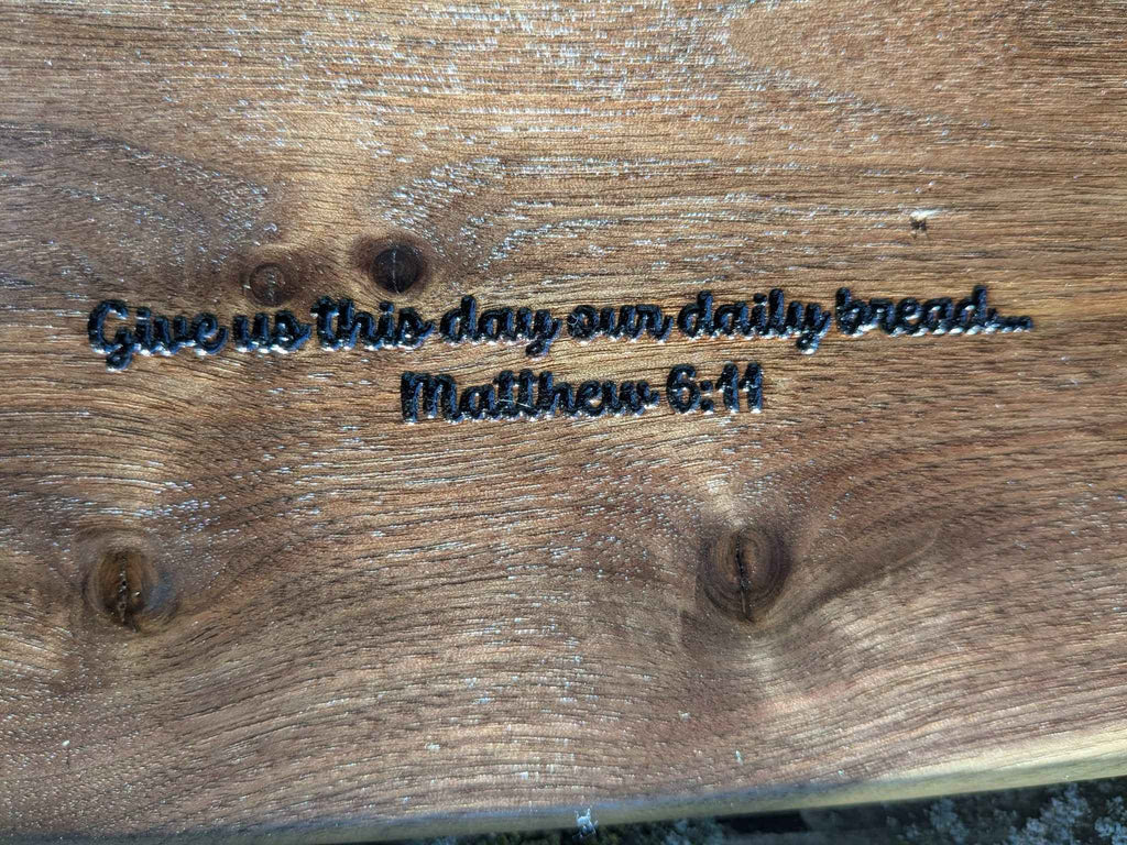 Live Edge Walnut Bread Board – Laser Engraved Matthew 6:11 