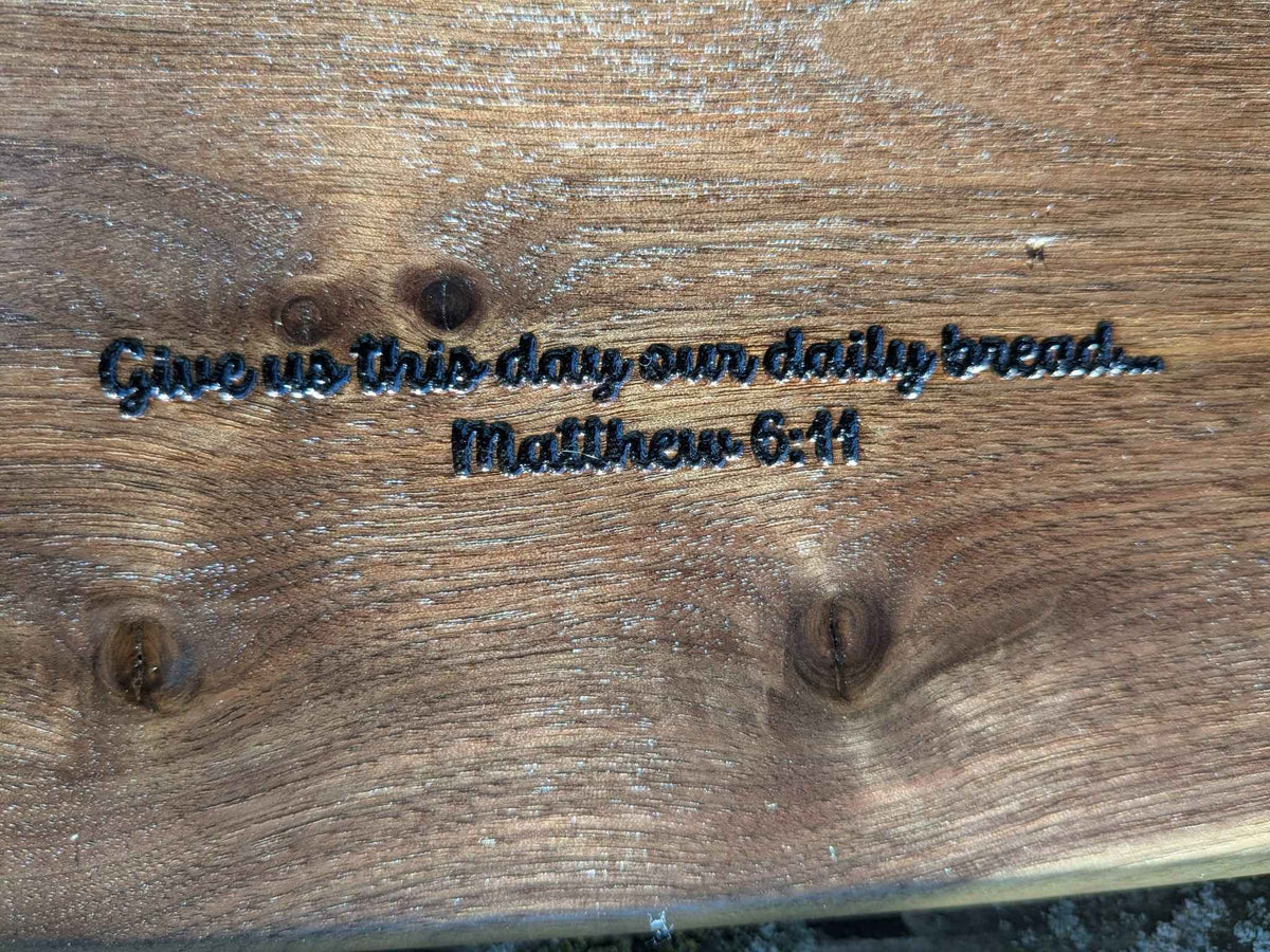 Live Edge Walnut Bread Board – Laser Engraved Matthew 6:11 