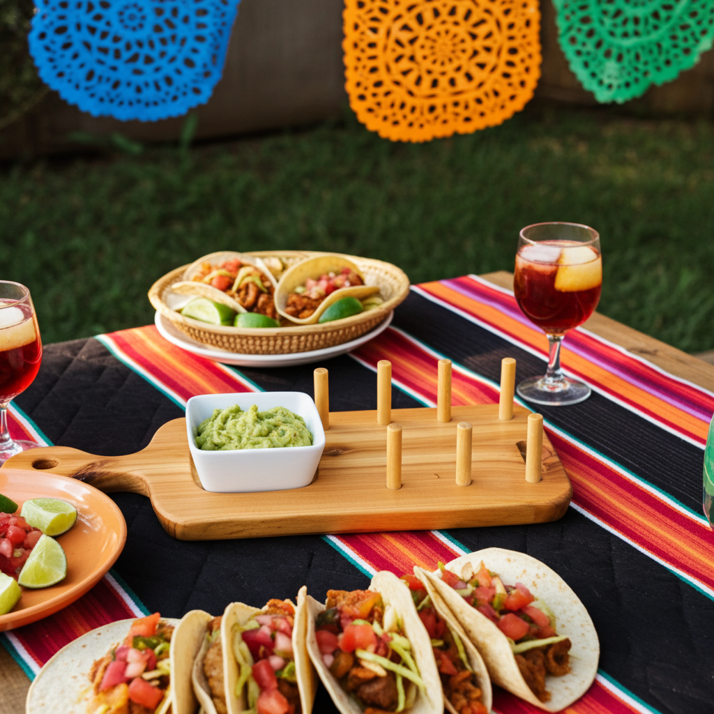 Handmade Poplar Taco & Hot Dog Serving Board with Condiment Dish