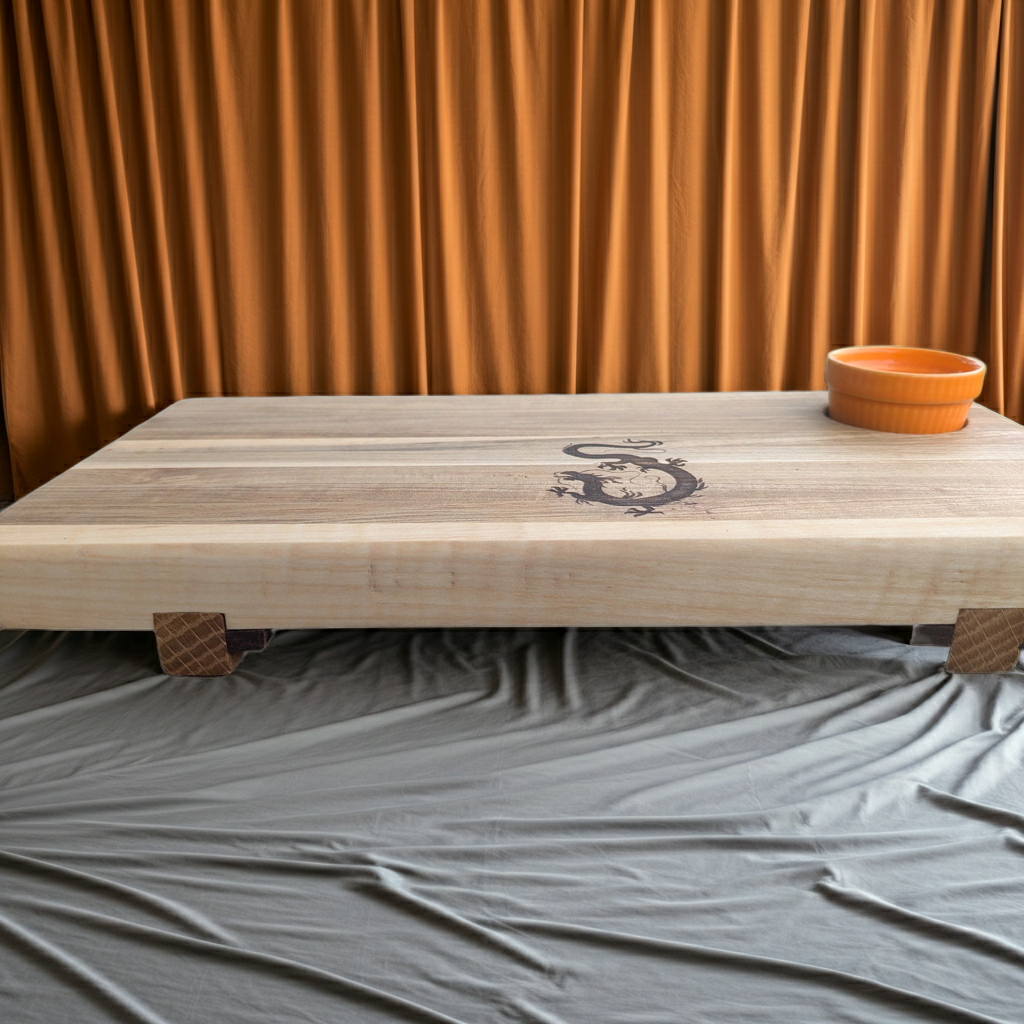 Handmade Maple Sushi Serving Board with Laser Engraved Dragon Design & Ceramic Bowl