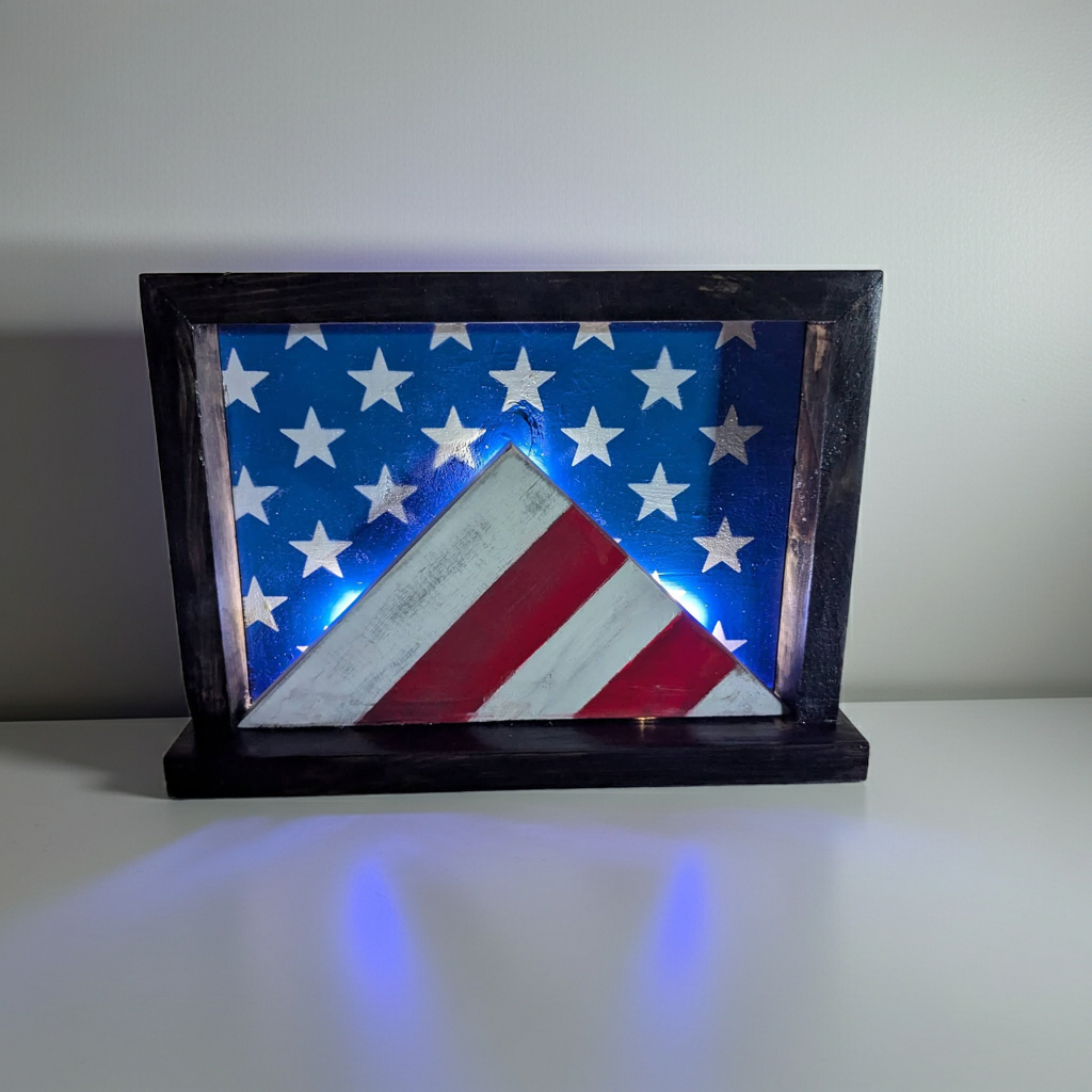 Handmade American Flag Wood Wall Decor with Optional LED String Lights – 12 x 8"