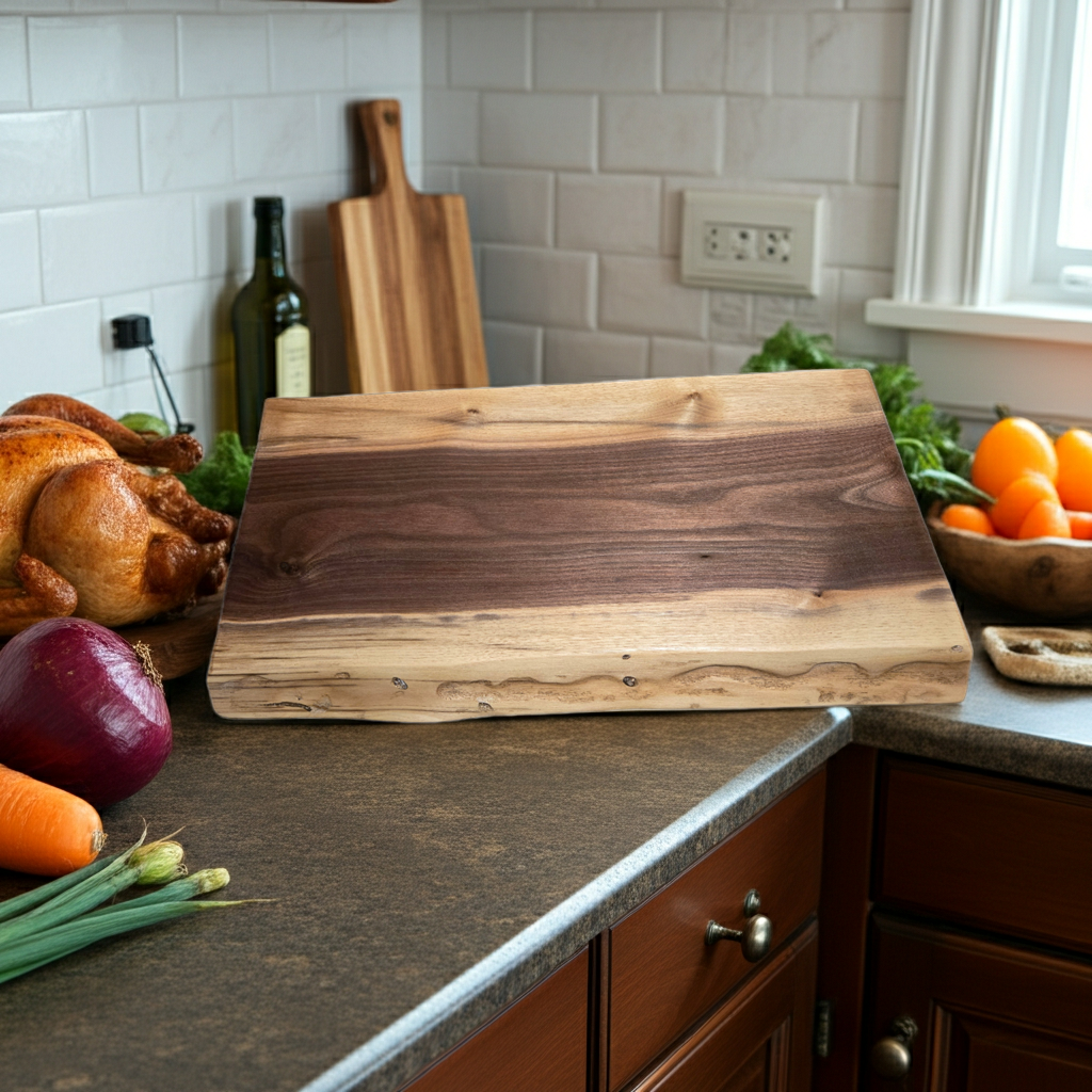 Handmade Walnut Live Edge Serving & Charcuterie Board with Finger Groove Handles – 18.5 x 8.75"