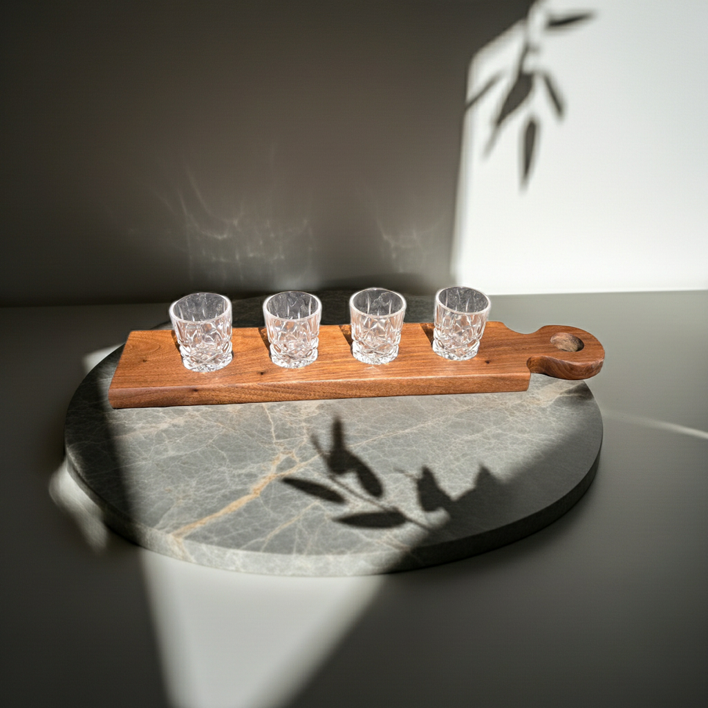 Handmade Walnut Whisky & Bourbon Flight Board with 4 Cut Glass Tasting Glasses