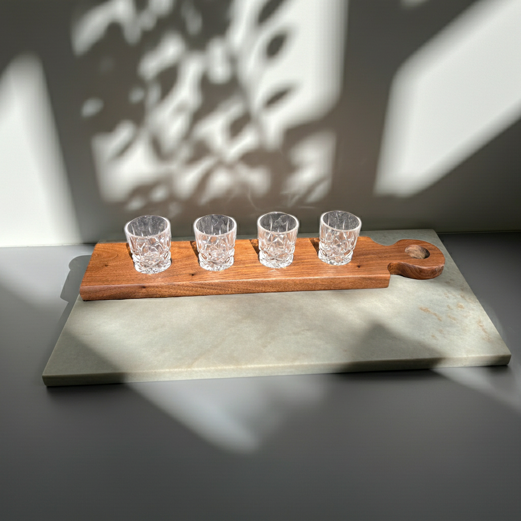 Handmade Walnut Whisky & Bourbon Flight Board with 4 Cut Glass Tasting Glasses