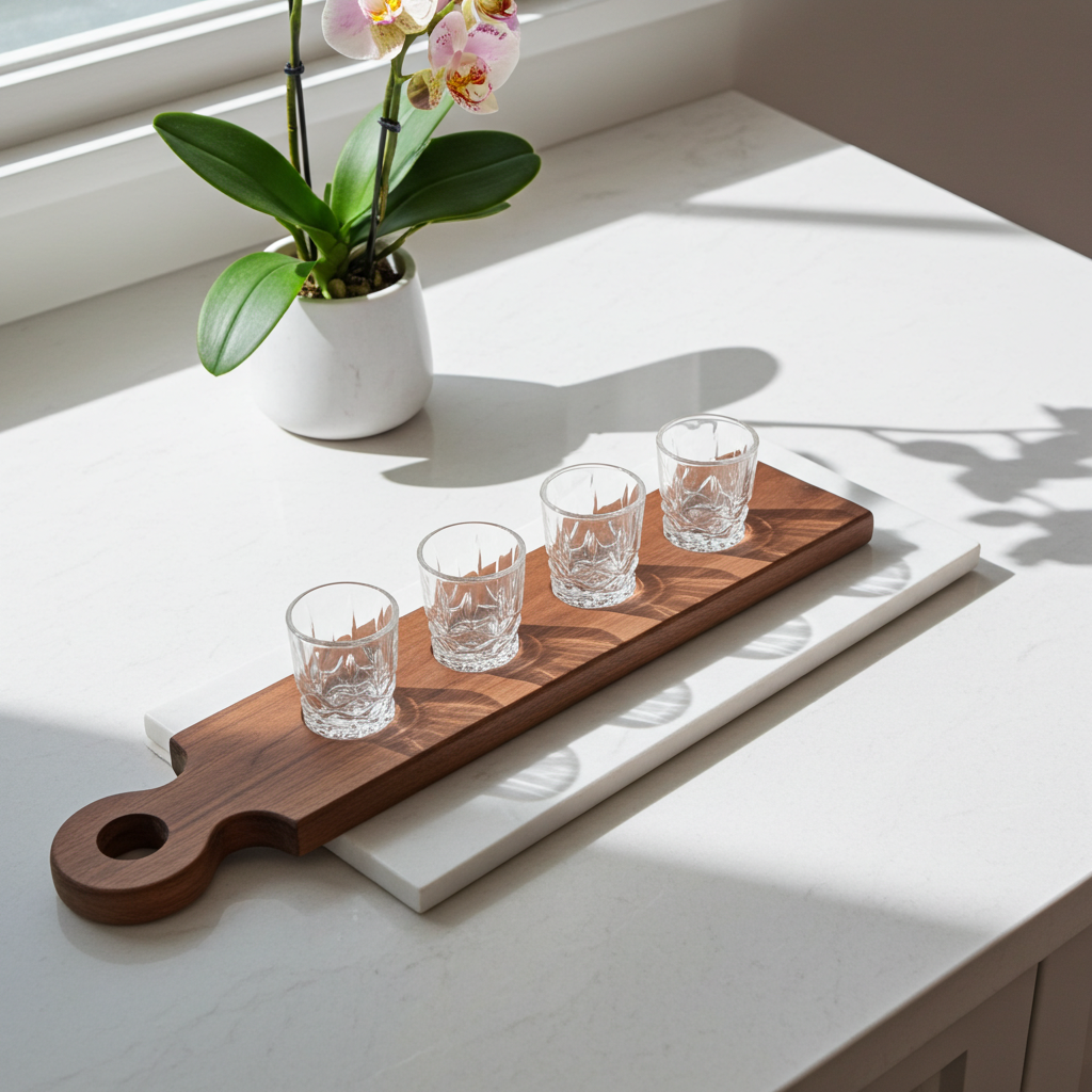 Handmade Walnut Whisky & Bourbon Flight Board with 4 Cut Glass Tasting Glasses