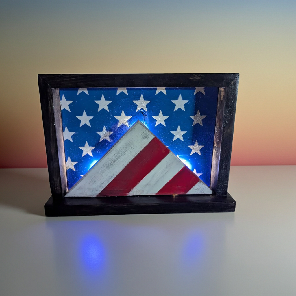 Handmade American Flag Wood Wall Decor with Optional LED String Lights – 12 x 8"