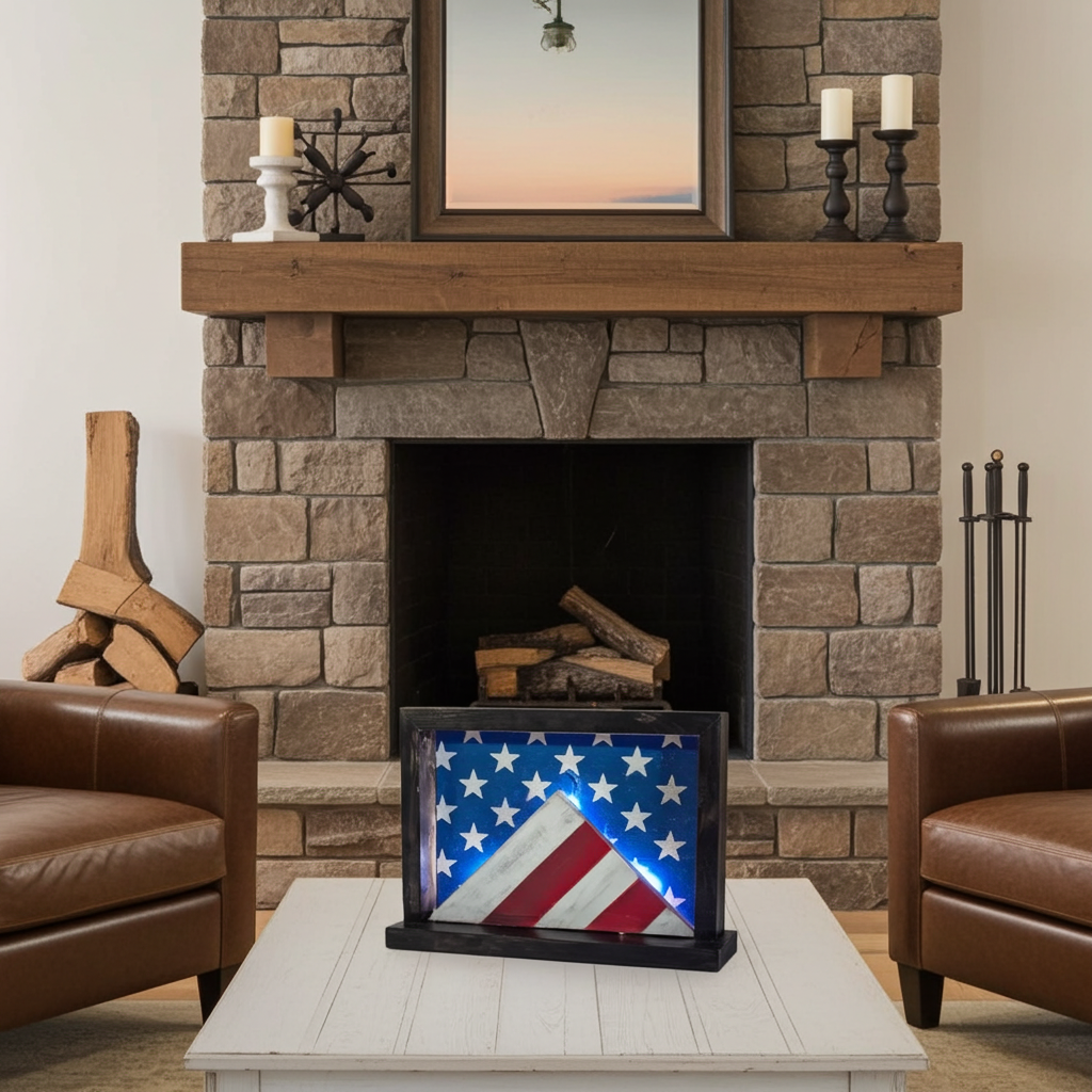 Handmade American Flag Wood Wall Decor with Optional LED String Lights – 12 x 8"