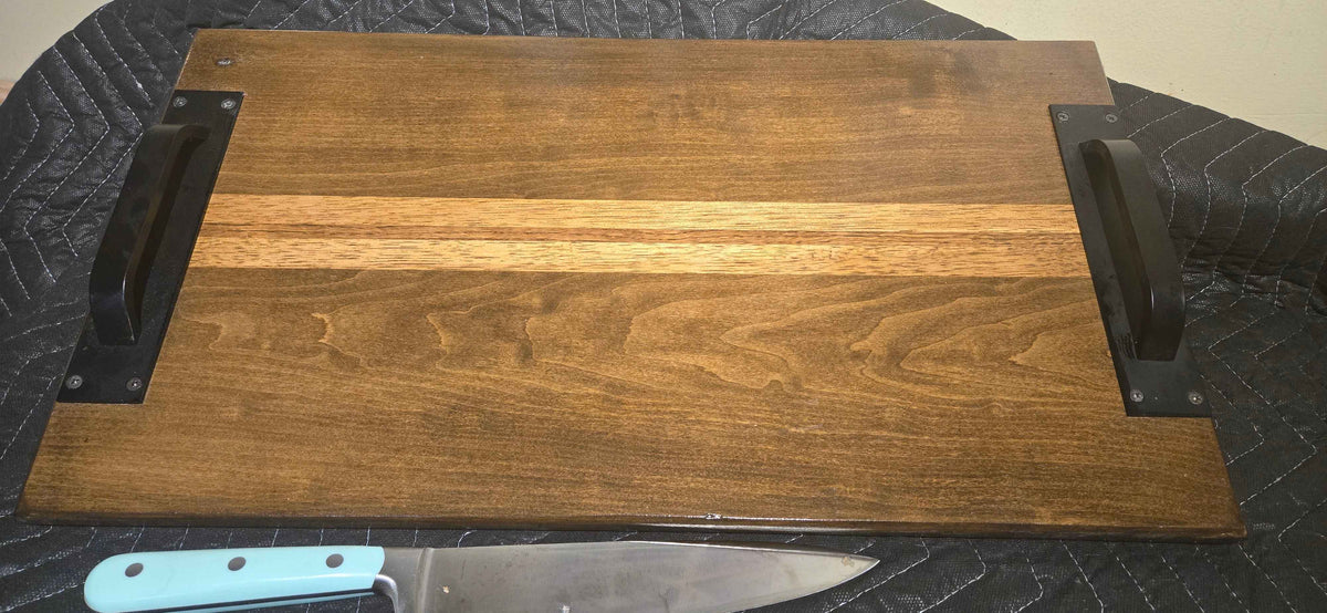 Handmade Industrial Poplar Serving & Charcuterie Board with Black Metal Handles – 22 x 12"