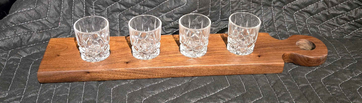 Handmade Walnut Whisky & Bourbon Flight Board with 4 Cut Glass Tasting Glasses