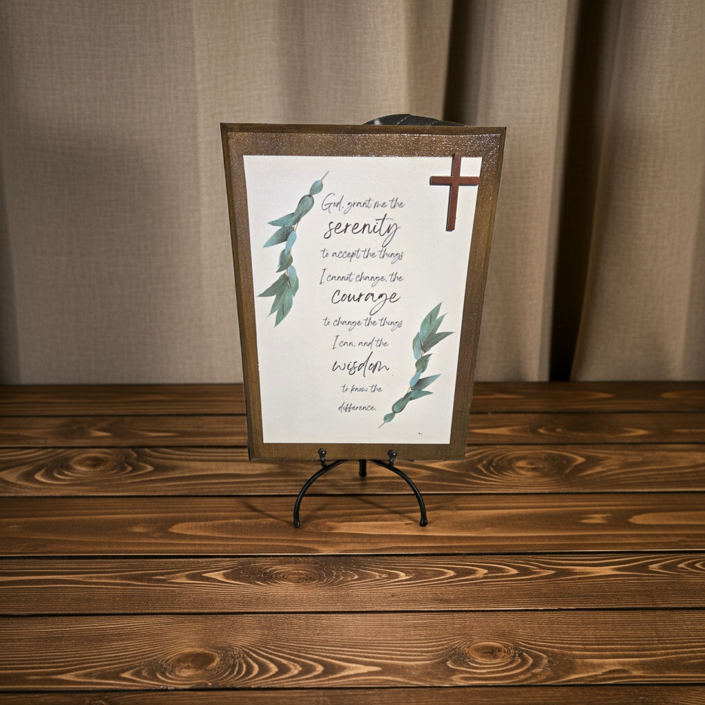 Handmade Serenity Prayer Wood Plaque with Metal Display Stand – Faith Home Decor