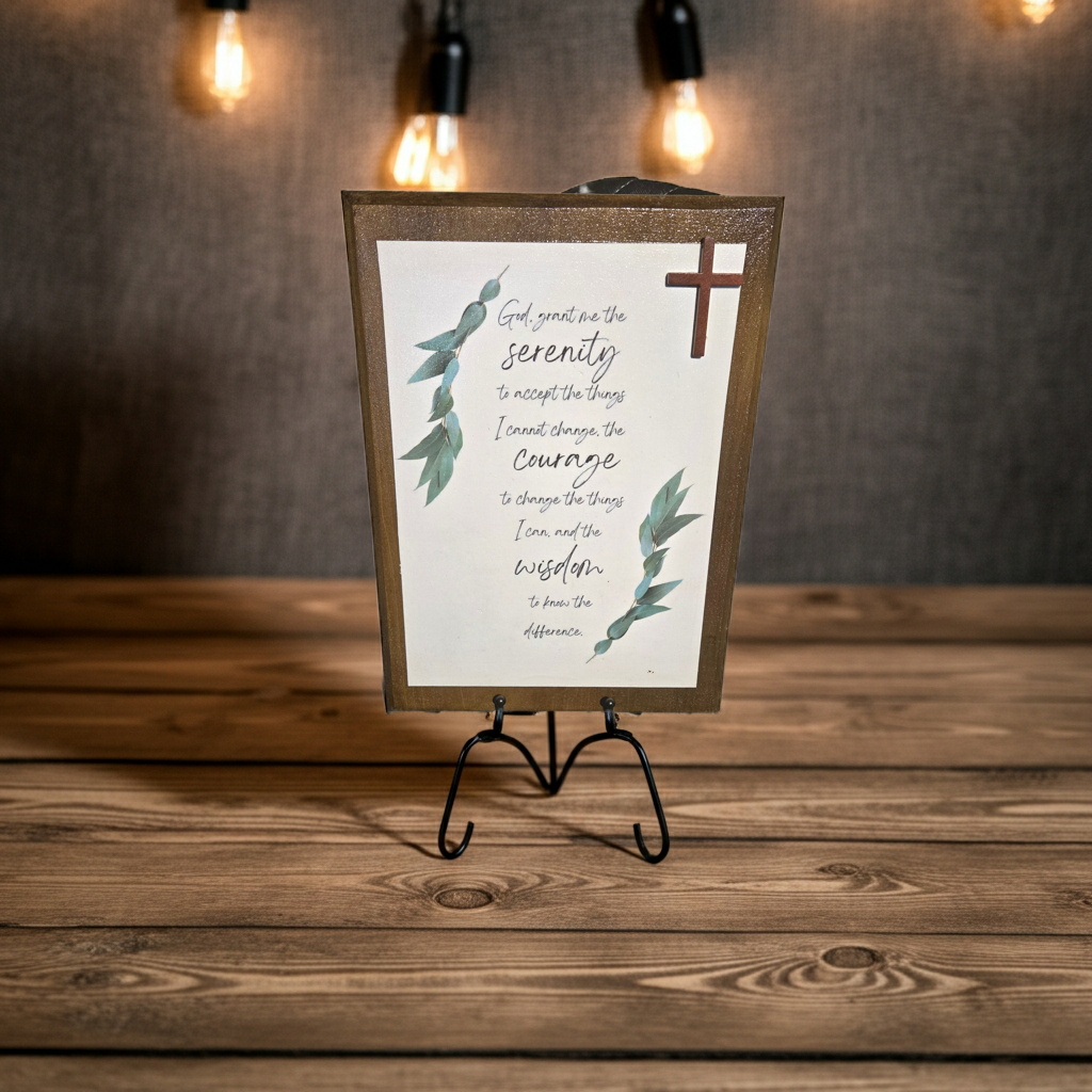 Handmade Serenity Prayer Wood Plaque with Metal Display Stand – Faith Home Decor