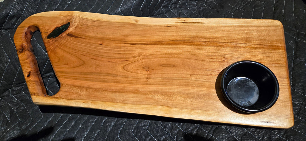 Handmade Cherry Wood Serving & Bread Board with Black Bowl – 19.5 x 7"