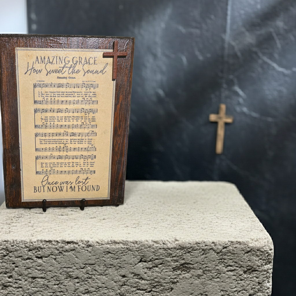 Handmade Amazing Grace Wood Plaque with Metal Display Stand – Christian Home Decor