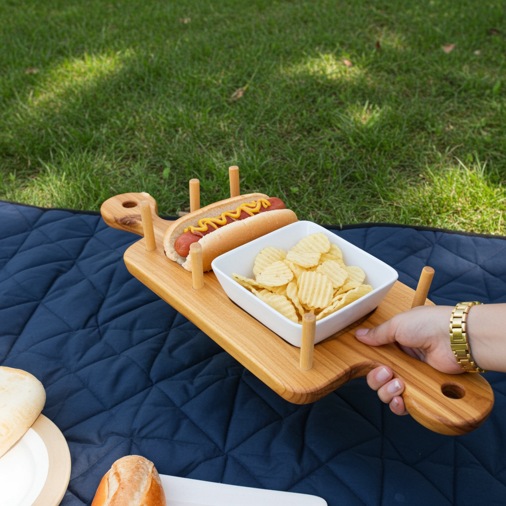 Handmade Poplar Taco & Hot Dog Serving Board with Condiment Dish