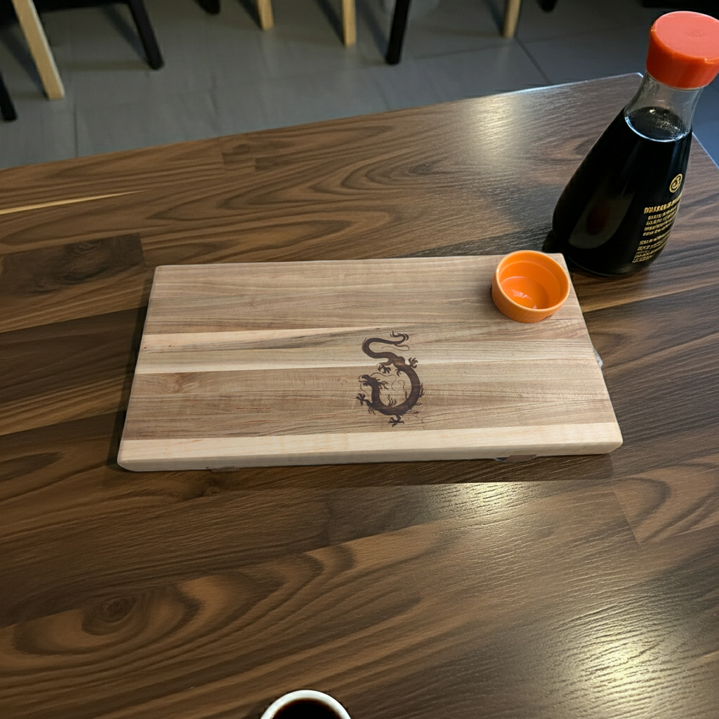 Handmade Maple Sushi Serving Board with Laser Engraved Dragon Design & Ceramic Bowl