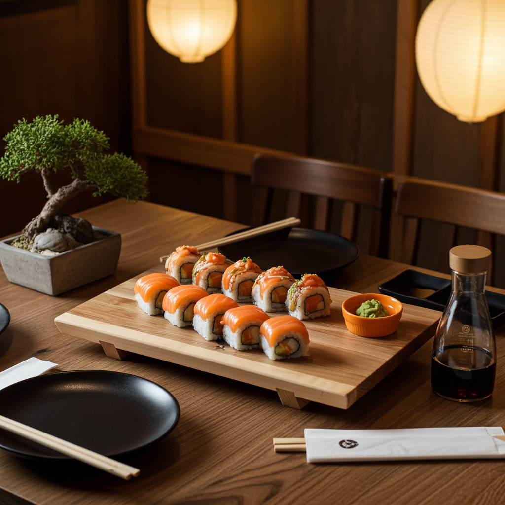 Handmade Maple Sushi Serving Board with Laser Engraved Dragon Design & Ceramic Bowl