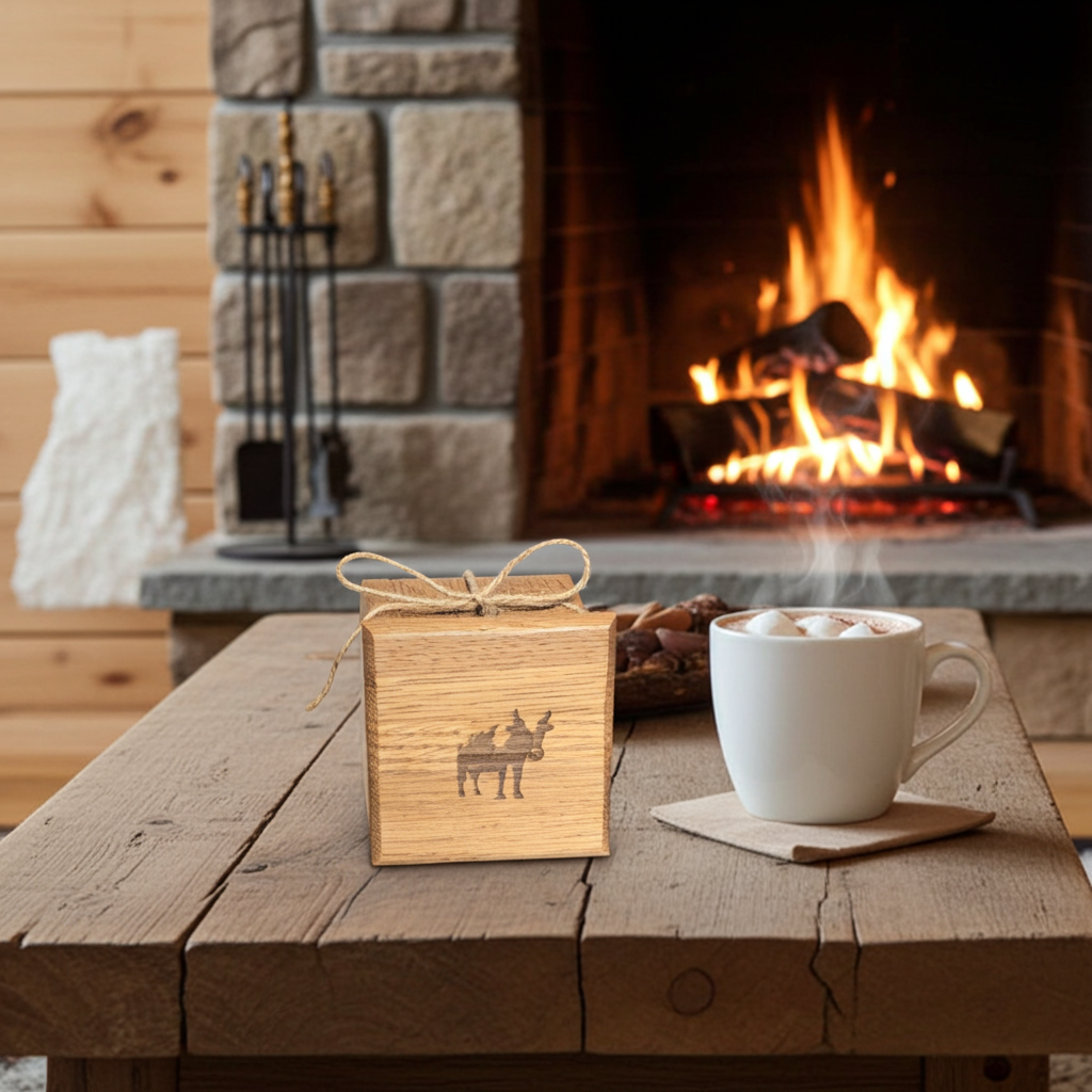 Handmade Cow Laser Engraved Solid Oak Coaster Set with Cork Backing – Set of 4
